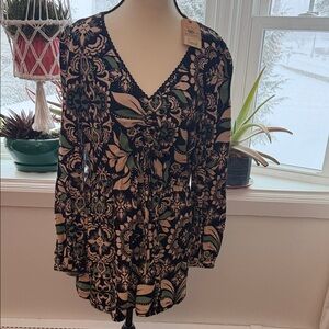 Fat Face Black and Green Patterned Top